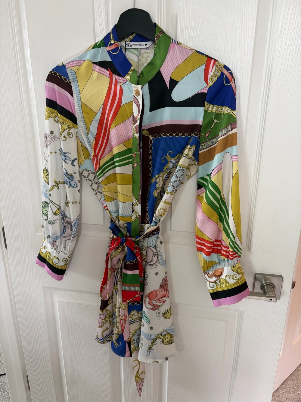 Zara Multicolor Long Sleeve Tie-Waist Dress